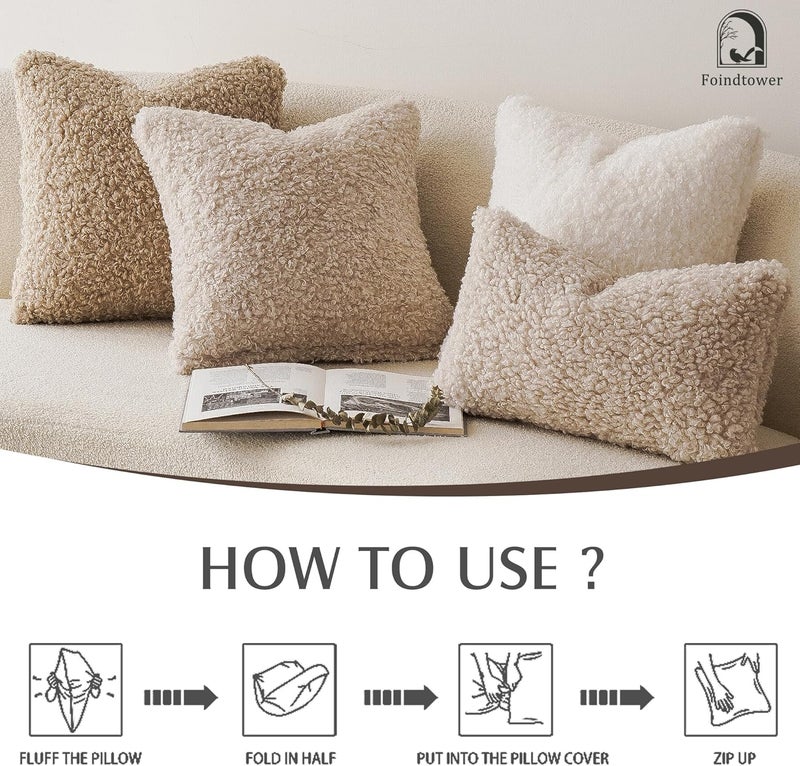 Foindtower 2 Pieces Faux Fur Throw Pillow Cover Decorative Sherpa Pillow Fuzzy Accent Pillowcases Soft Sheepskin Fleece Cushion Case for Bed Couch Living Room 26x26 Inch Oatmeal - Image 5
